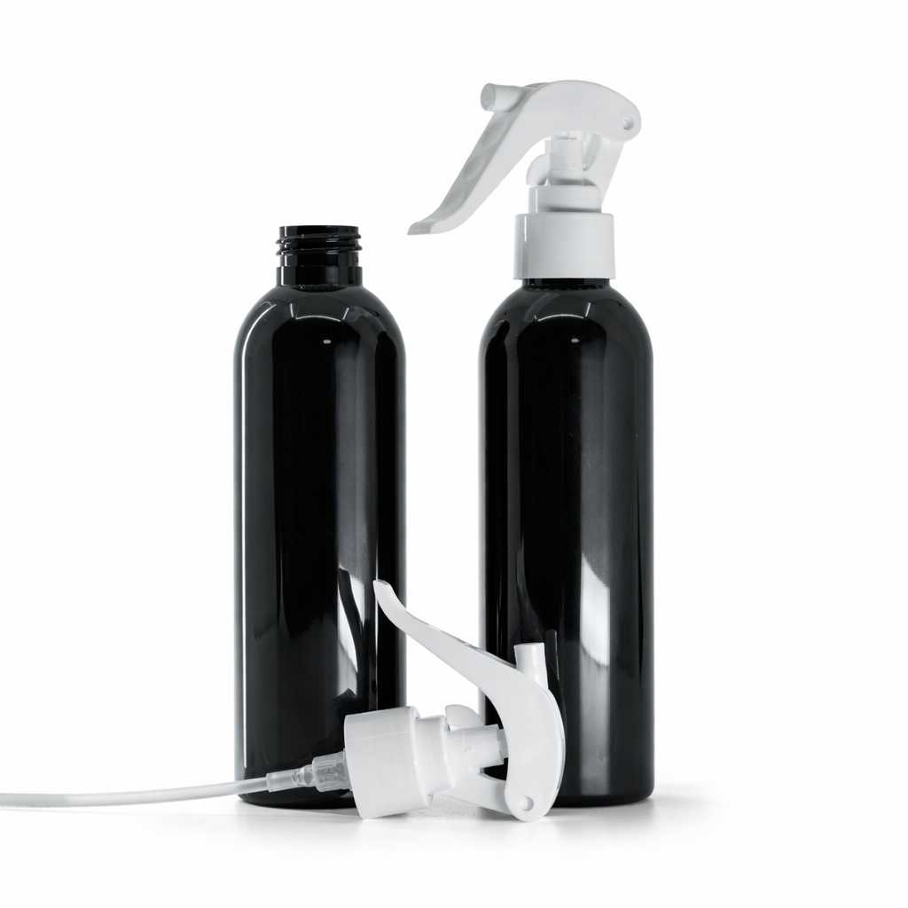 Műanyag palack, fekete fényes, fehér pisztolyos szórófej, 200 ml