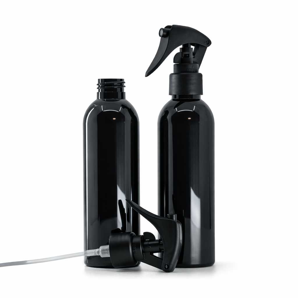 Botella de plástico negra brillante, pulverizador de gatillo negro mate, anillo liso, 200 ml