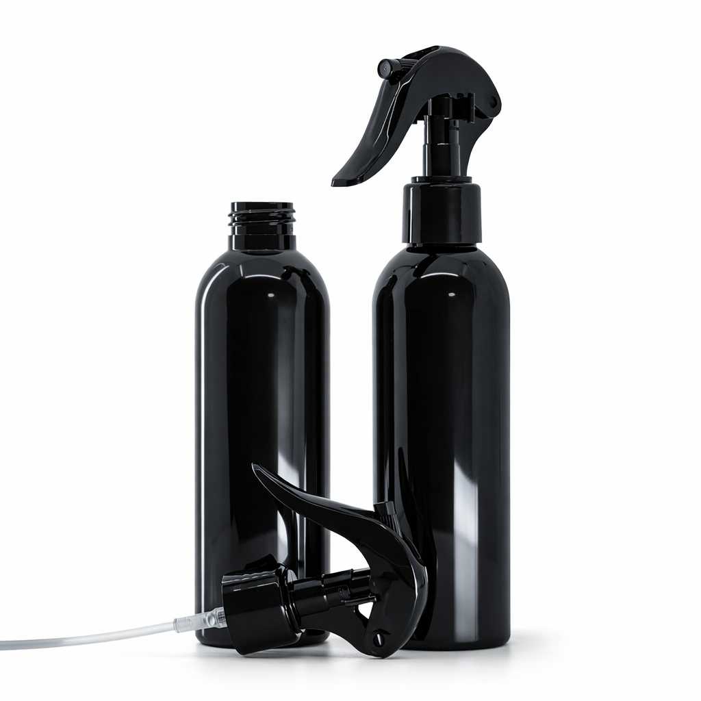 Botella de plástico negra brillante, pulverizador de gatillo negro, 200 ml