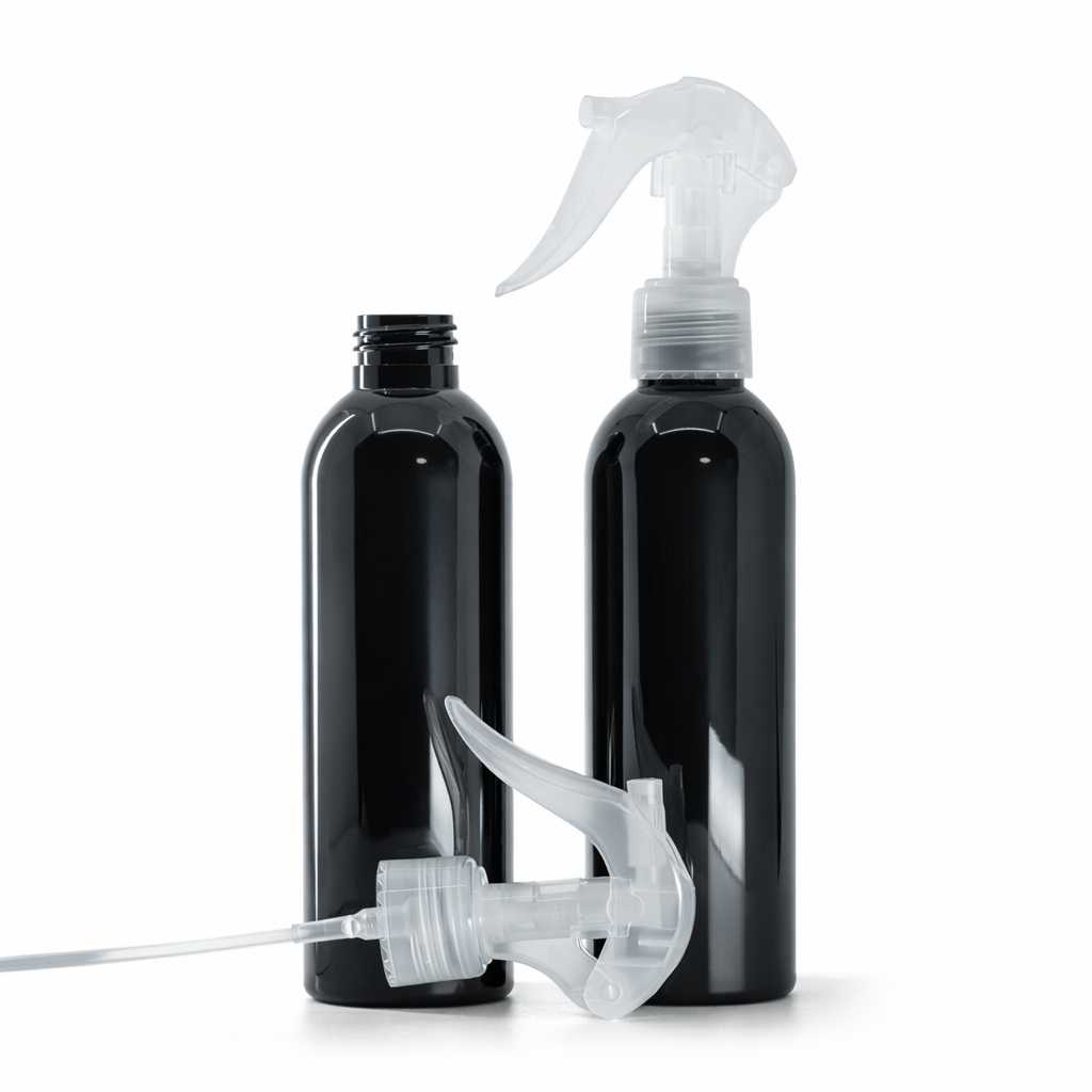 Butelka plastikowa, czarna błyszcząca, spryskiwacz z dźwignią przezroczysty, 200 ml
