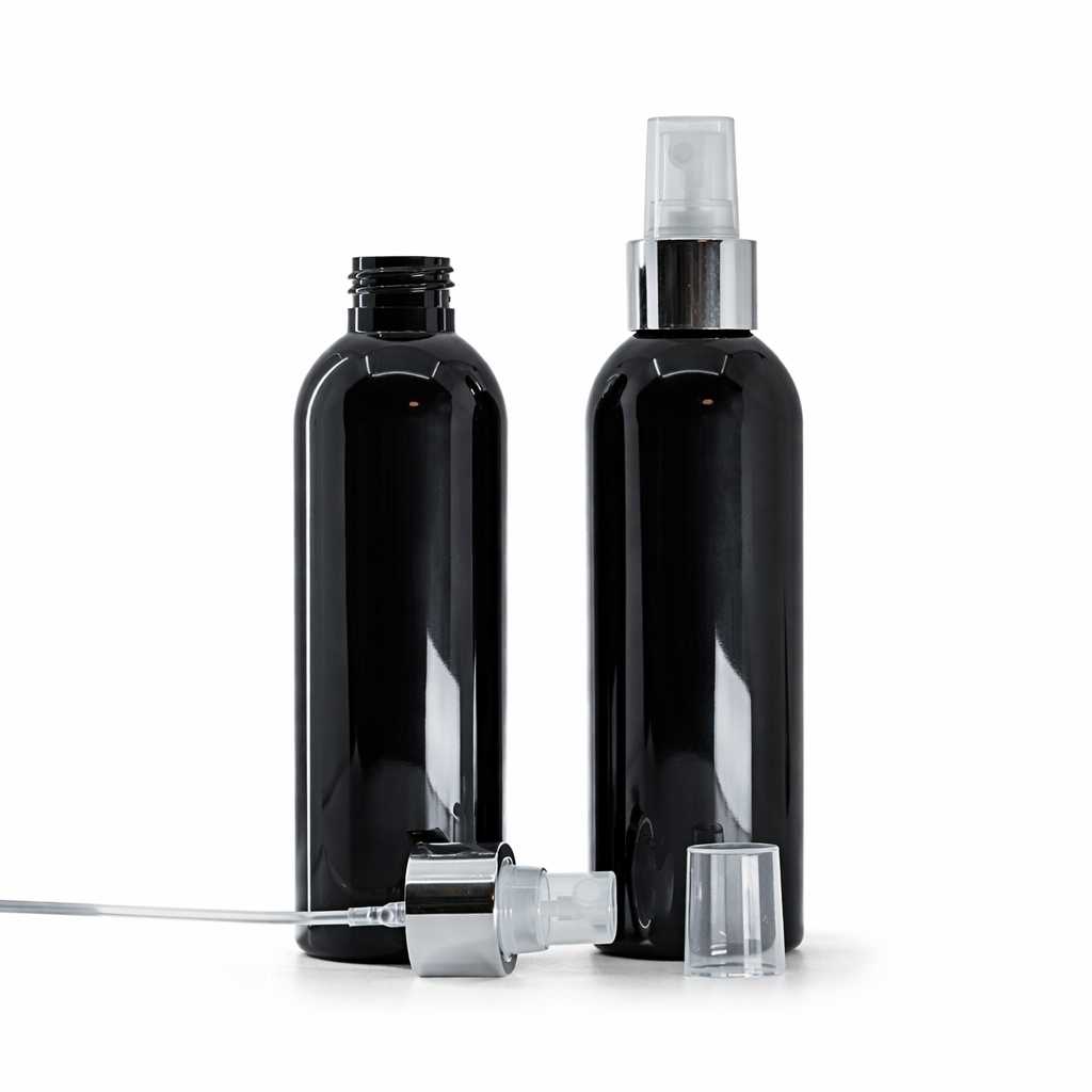 Butelka plastikowa, czarna błyszcząca, atomizer przezroczysty, srebrna błyszcząca obręcz, 200 ml