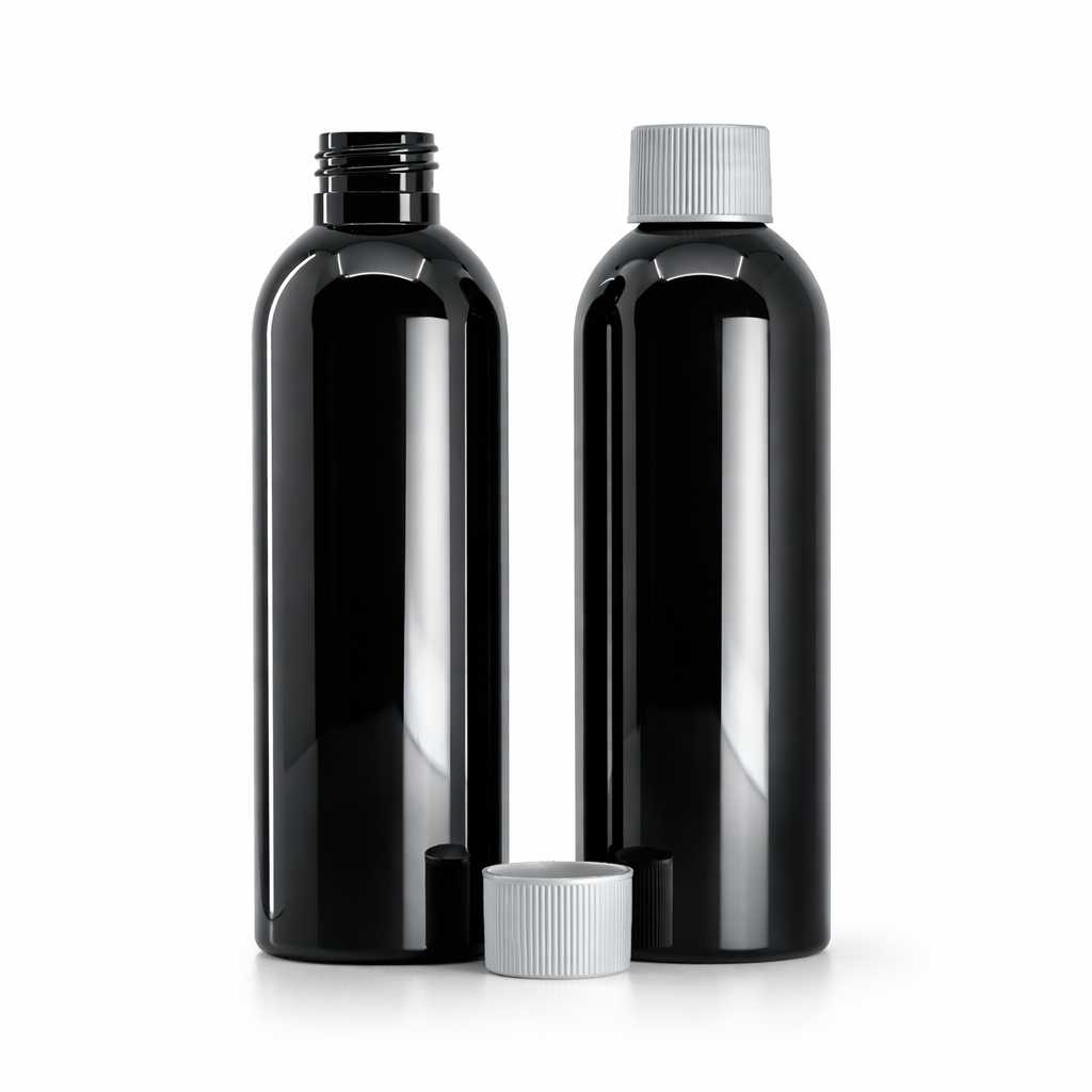 Butelka plastikowa, czarna błyszcząca, biała nakrętka, 200 ml