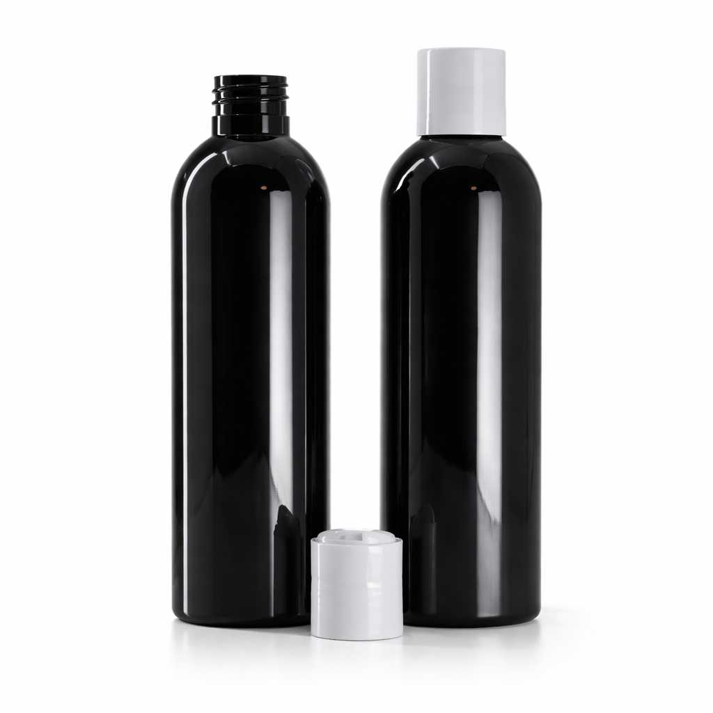 Butelka plastikowa, czarna błyszcząca, disc top biały, 200 ml