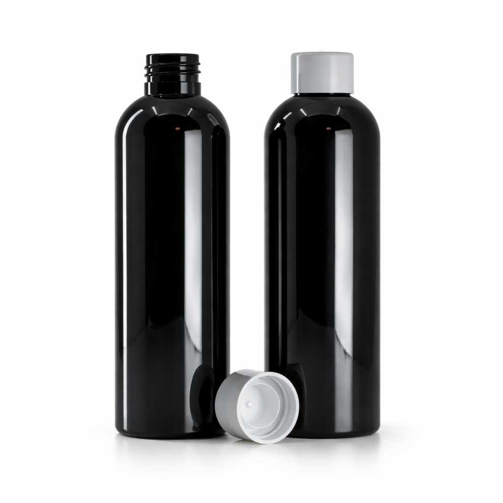 Butelka plastikowa, czarna błyszcząca, nakrętka gładka biała z redukcją, 200 ml