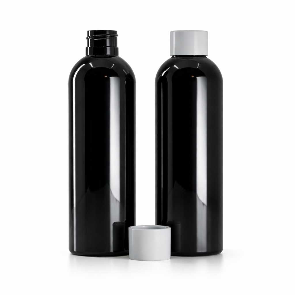Butelka plastikowa, czarna błyszcząca, nakrętka matowa biała, 200 ml