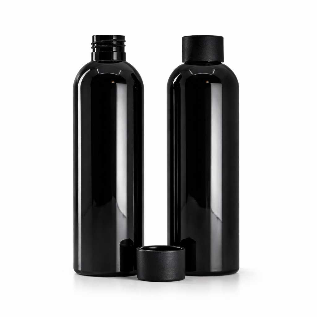 Plastová fľaša, 24/410, matný čierny vrchnák, 200 ml
