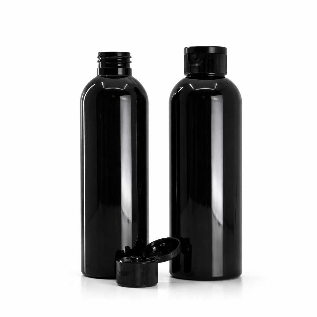 Bouteille en plastique noire brillante, bouchon flip-top noir, 200 ml