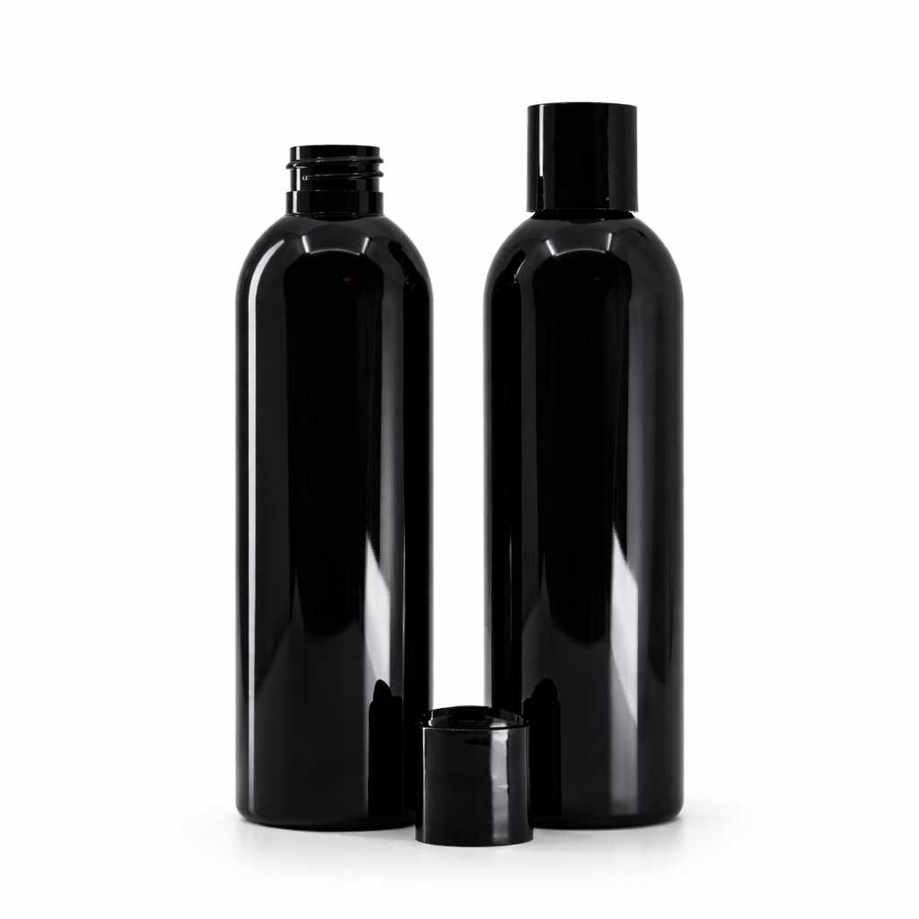 Bouteille en plastique noire brillante, bouchon disc-top noir, 200 ml