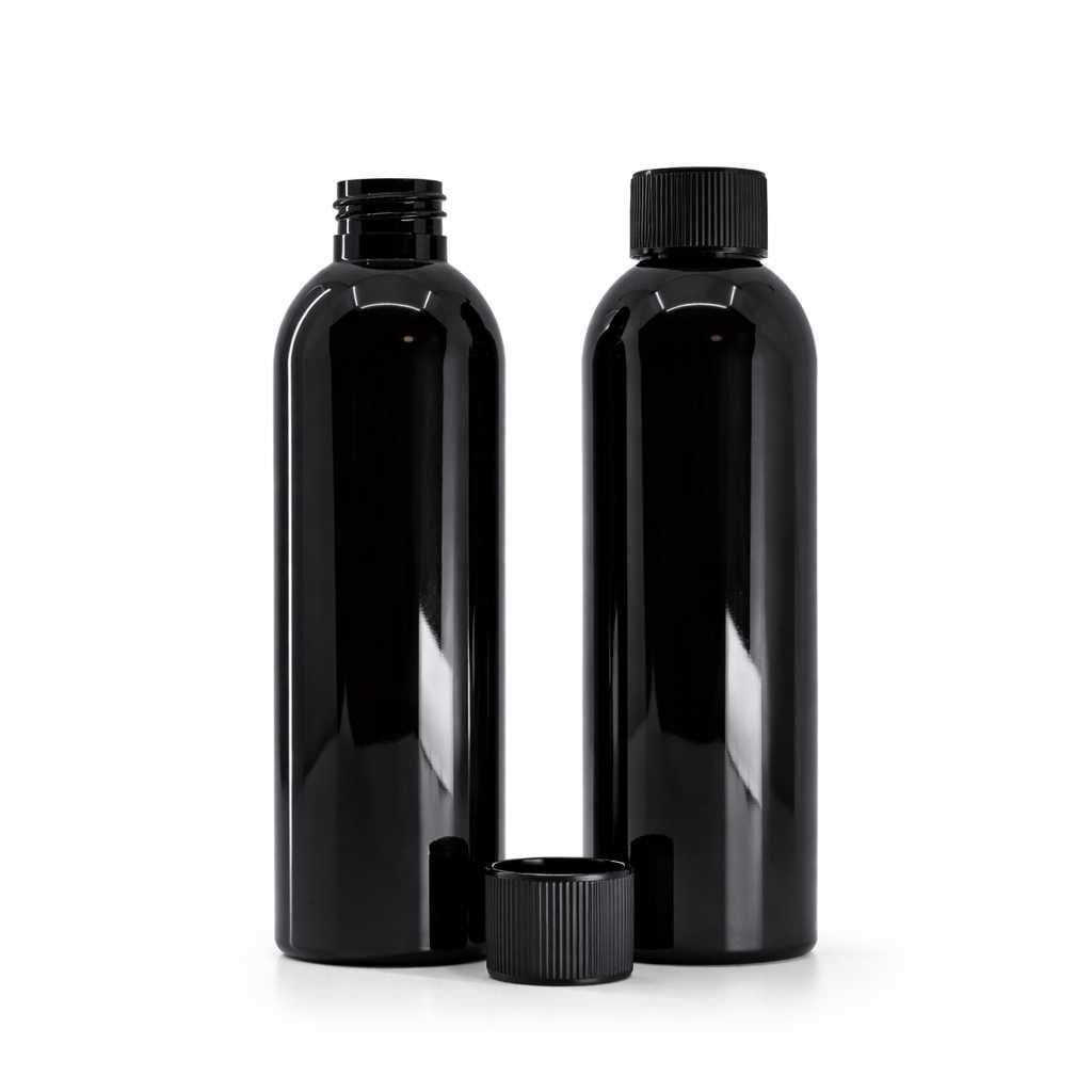 Butelka plastikowa, czarna błyszcząca, czarna karbowana nakrętka, 200 ml