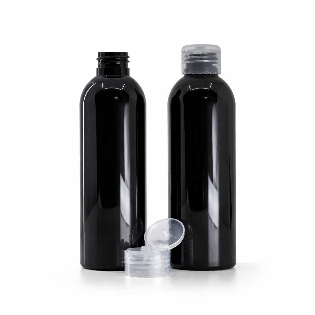 Bouteille en plastique noire brillante, bouchon flip-top transparent, 200 ml
