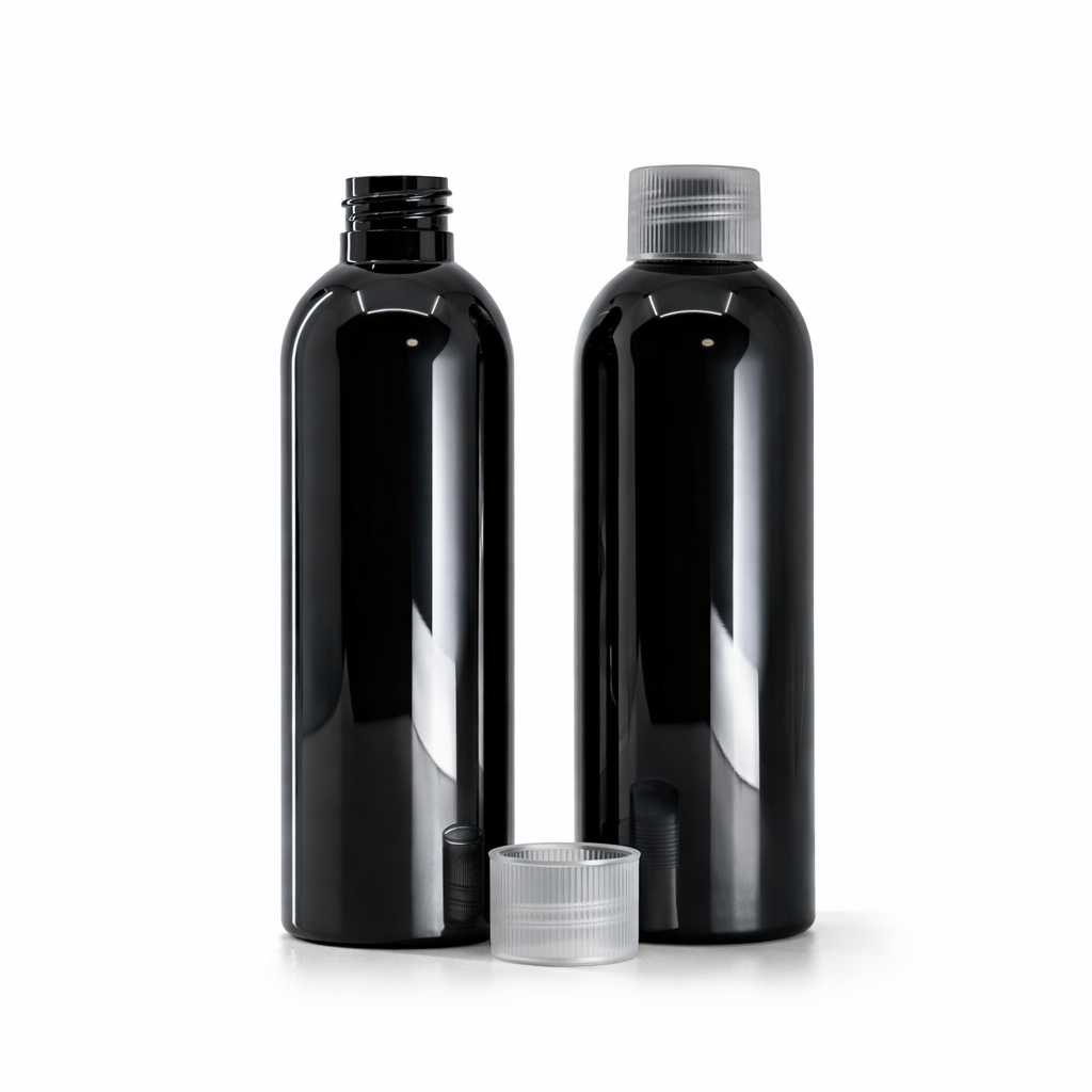 Butelka plastikowa, czarna błyszcząca, z przezroczystą nakrętką, 200 ml