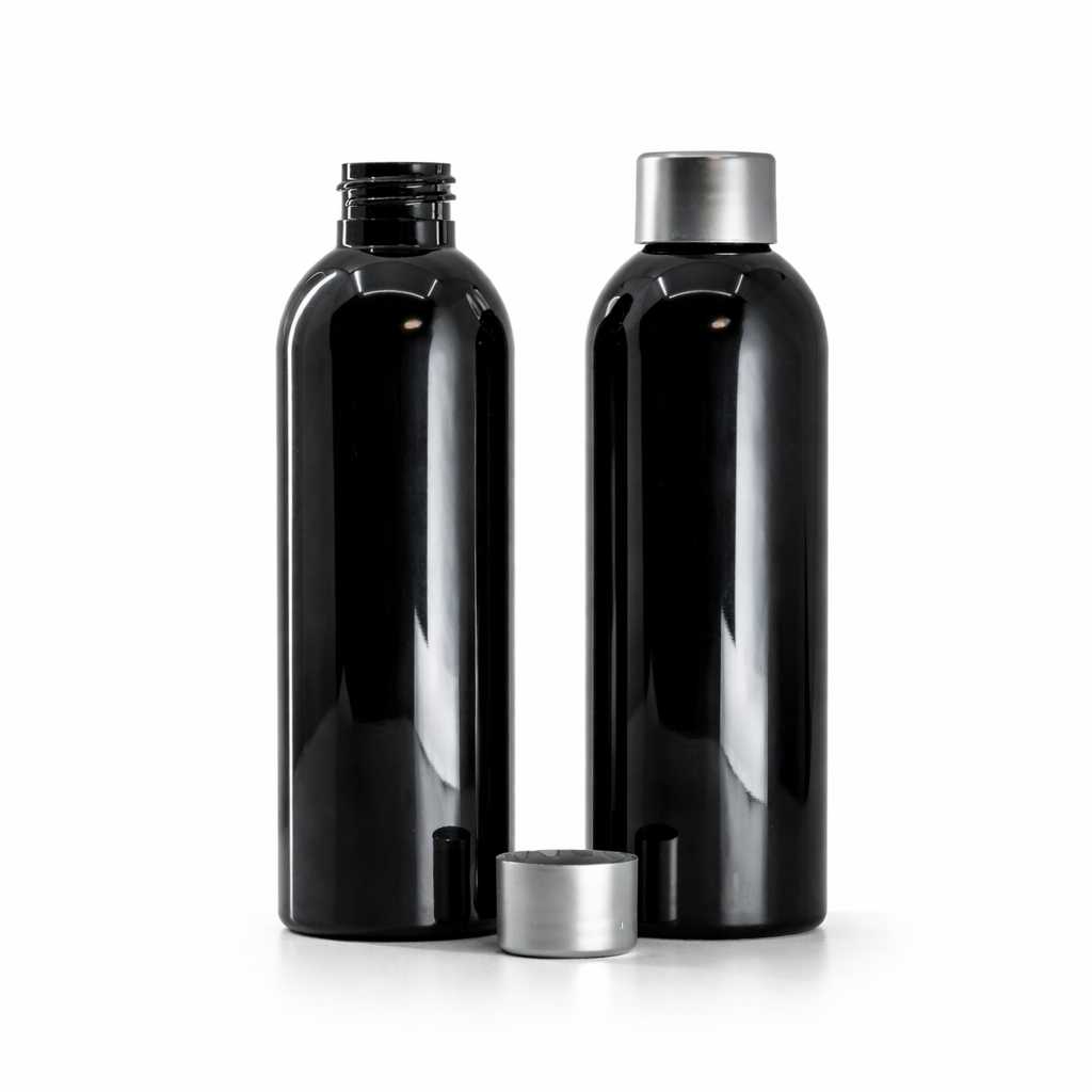 Plastová fľaša, čierna lesklá, strieborný vrchnák, 200 ml