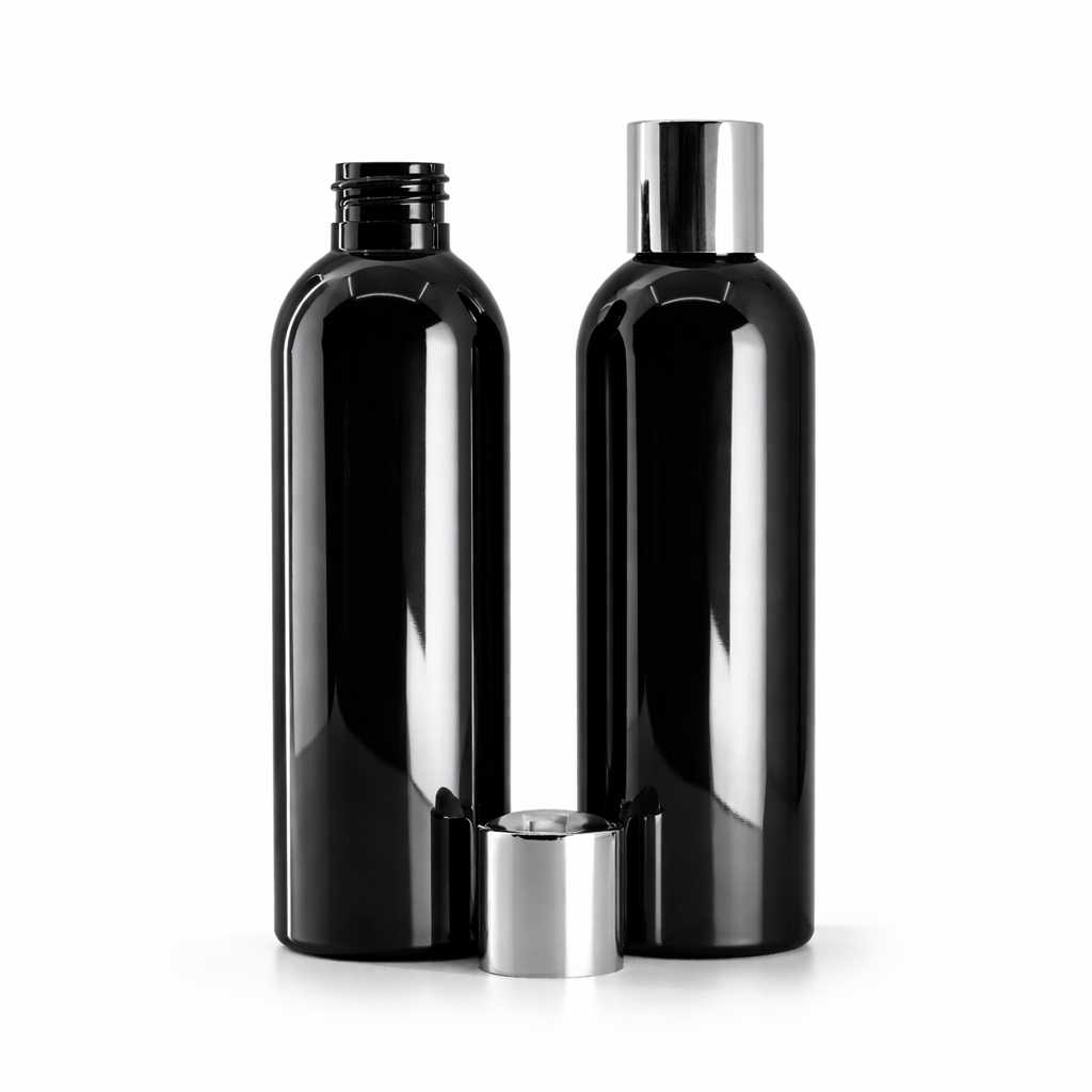 Butelka plastikowa, czarna błyszcząca, flip top srebrny, 200 ml
