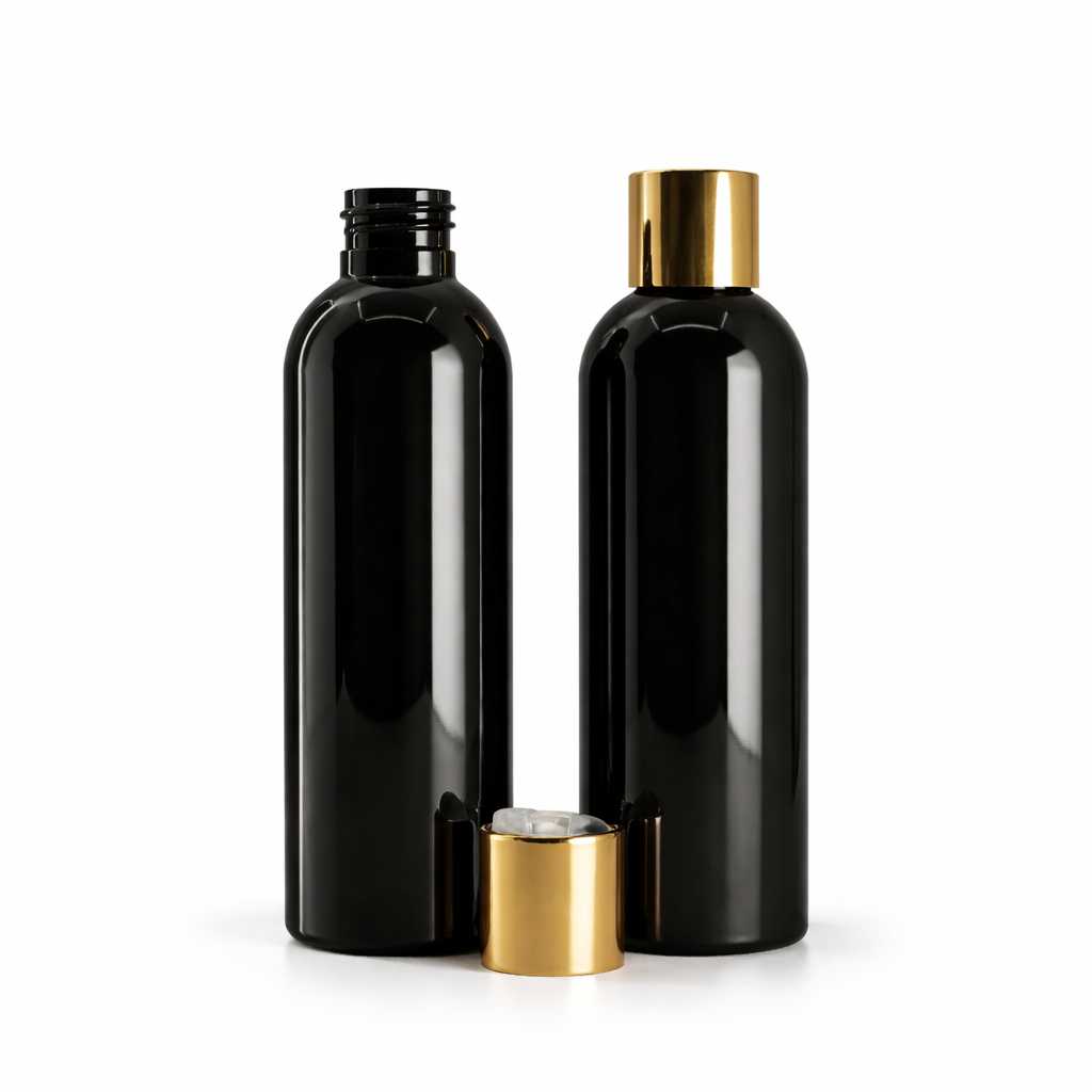 Bouteille en plastique noire brillante, bouchon flip-top doré, 200 ml