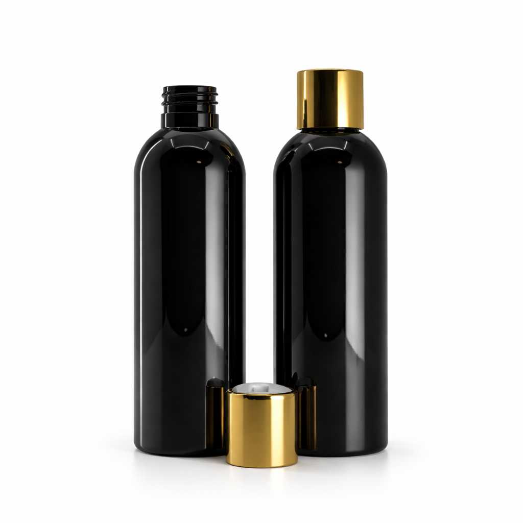 Butelka plastikowa, czarna błyszcząca, nakrętka disc top, złota, biały środek, 200 ml