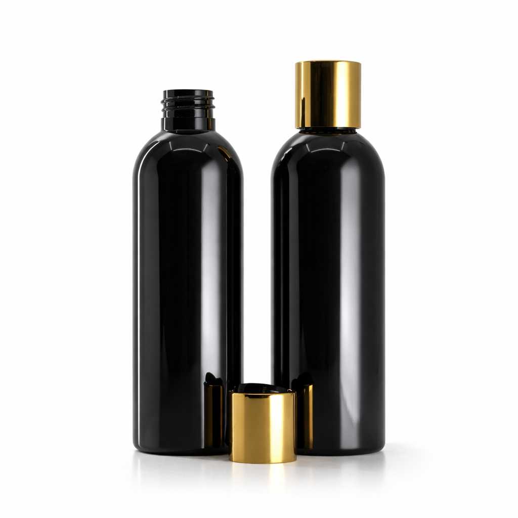 Butelka plastikowa, czarna błyszcząca, nakrętka disc top, złota, czarny środek, 200 ml