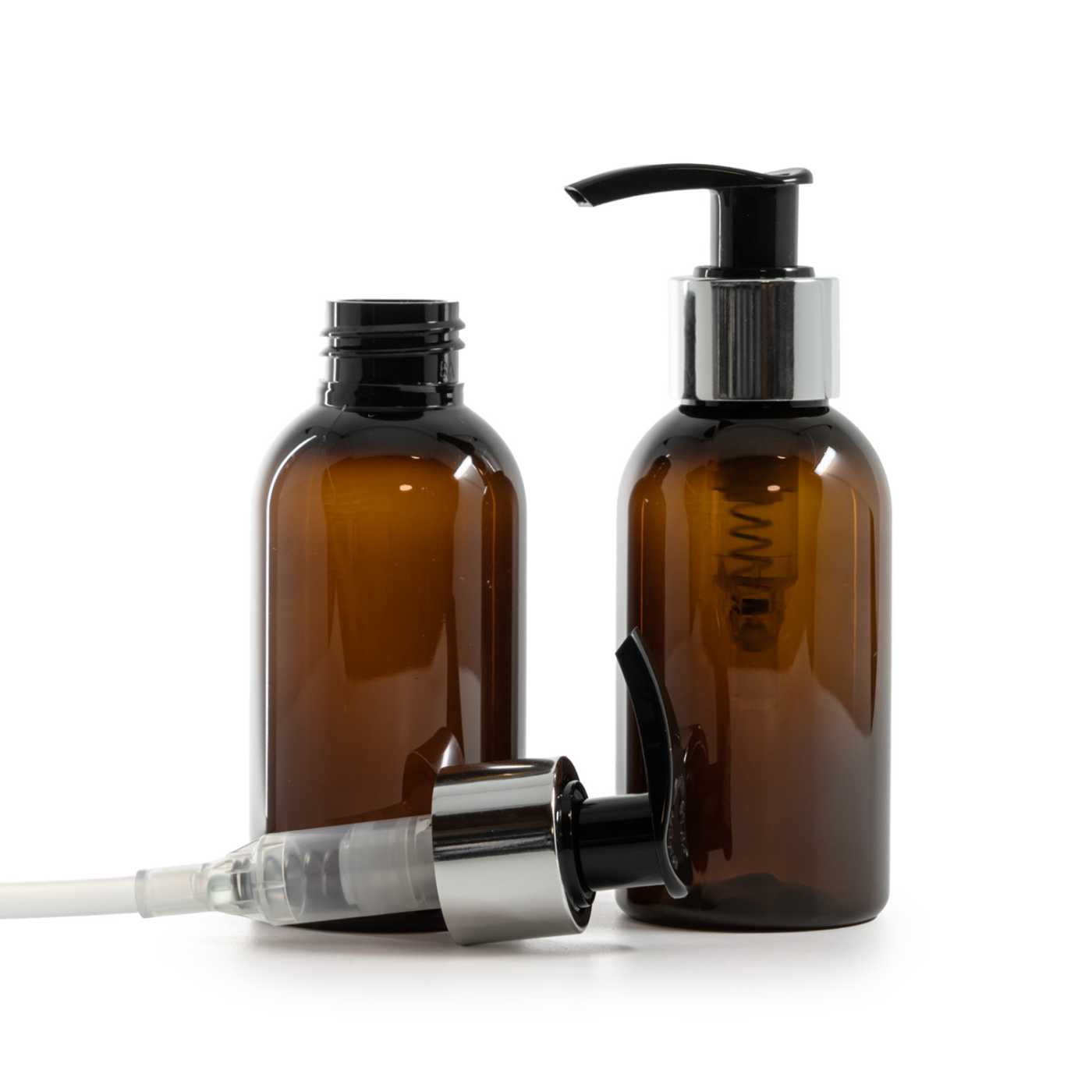 Plastová fľaša, hnedá, čierno-strieborný dávkovač, 100 ml