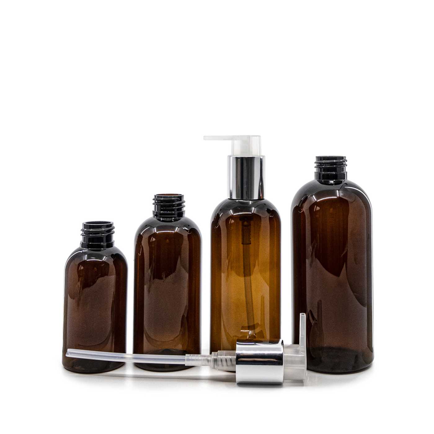 Plastová fľaša, hnedá, strieborný dávkovač, 100 ml