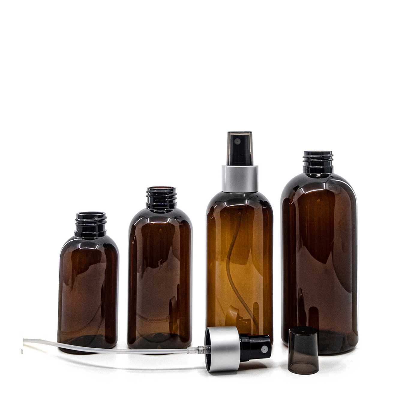 Plastová fľaša hnedá, rozprašovač čierny, strieborná matná obruč, 100 ml