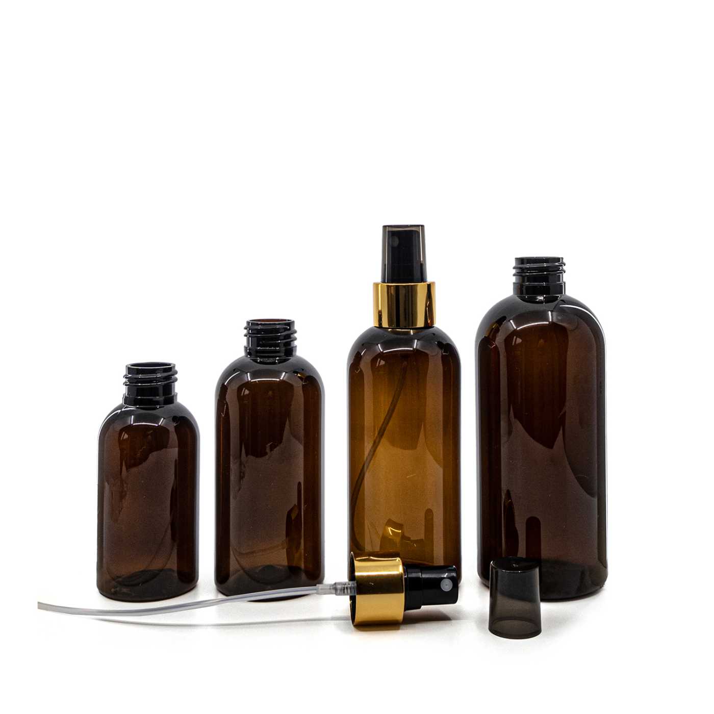 Plastová fľaša hnedá, čierny rozprašovač, zlatá lesklá obruč, 100 ml