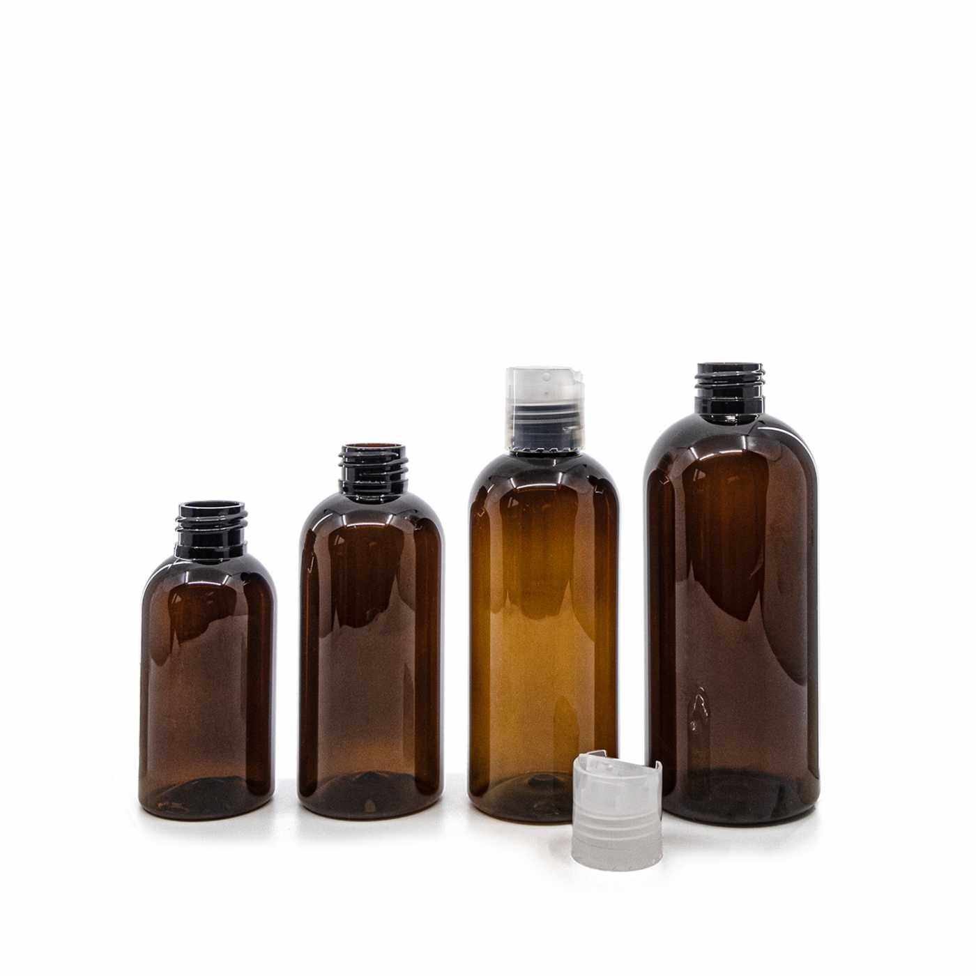 Plastová fľaša, hnedá, priehľadný disc top, 100 ml