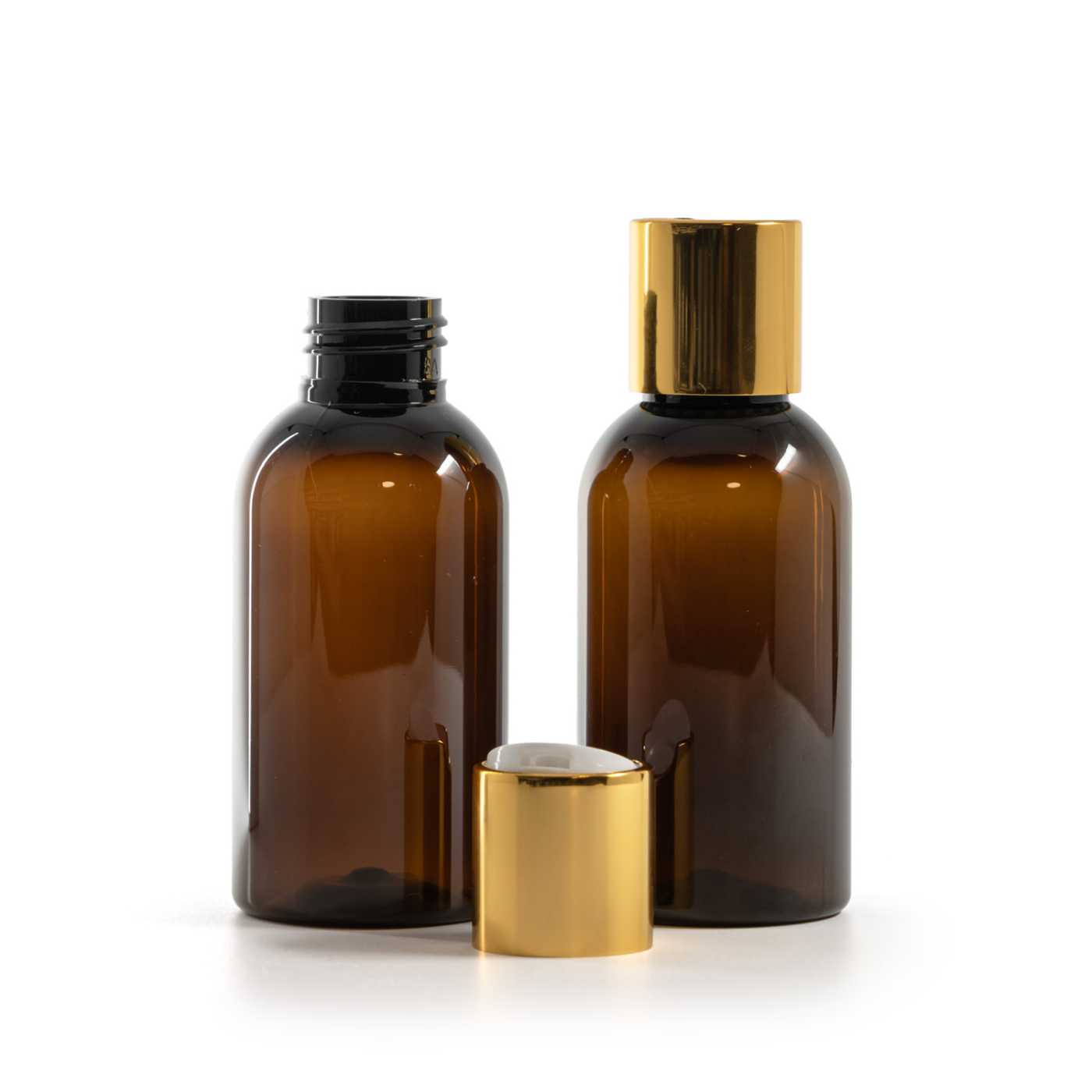 Plastová fľaša, hnedá, disc top vrchnák, zlatý, biely stred, 100 ml