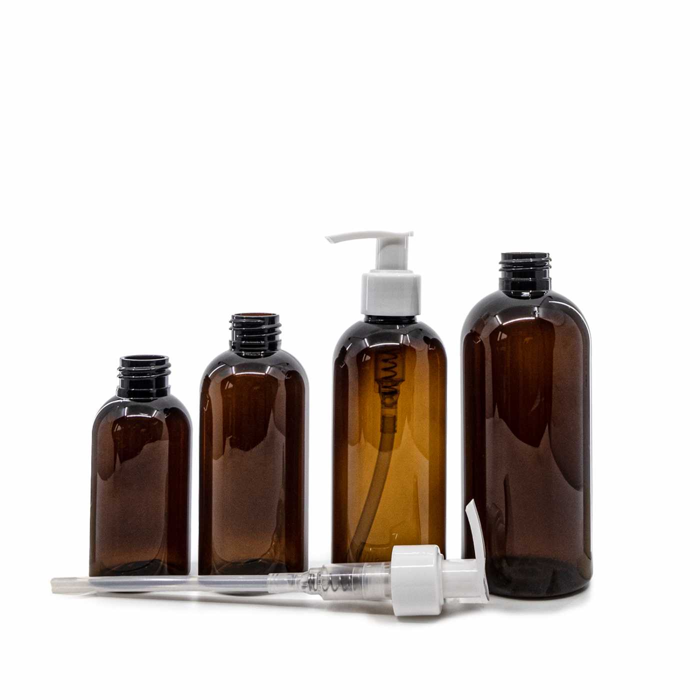 Plastová fľaša, hnedá, biely plastový dávkovač, 150 ml