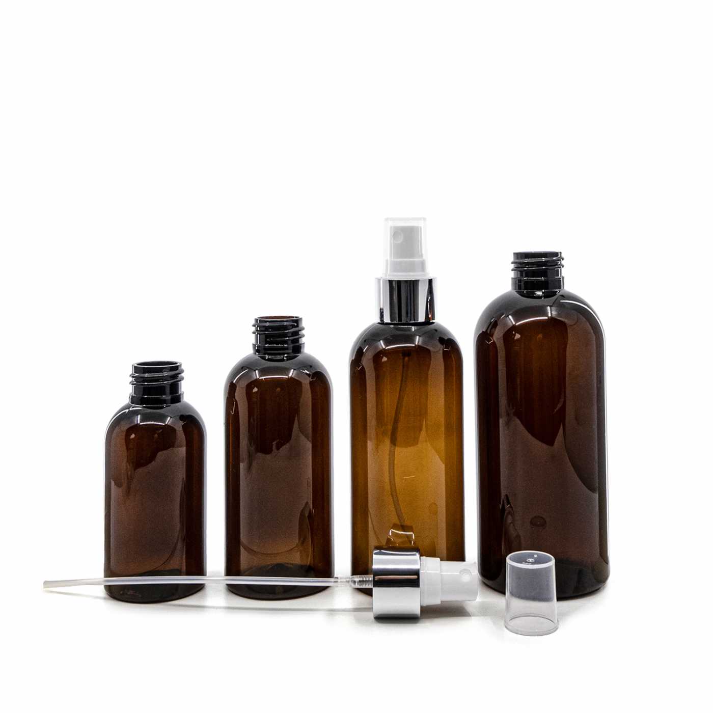 Plastová fľaša hnedá, biely rozprašovač, strieborná lesklá obruč, 150 ml