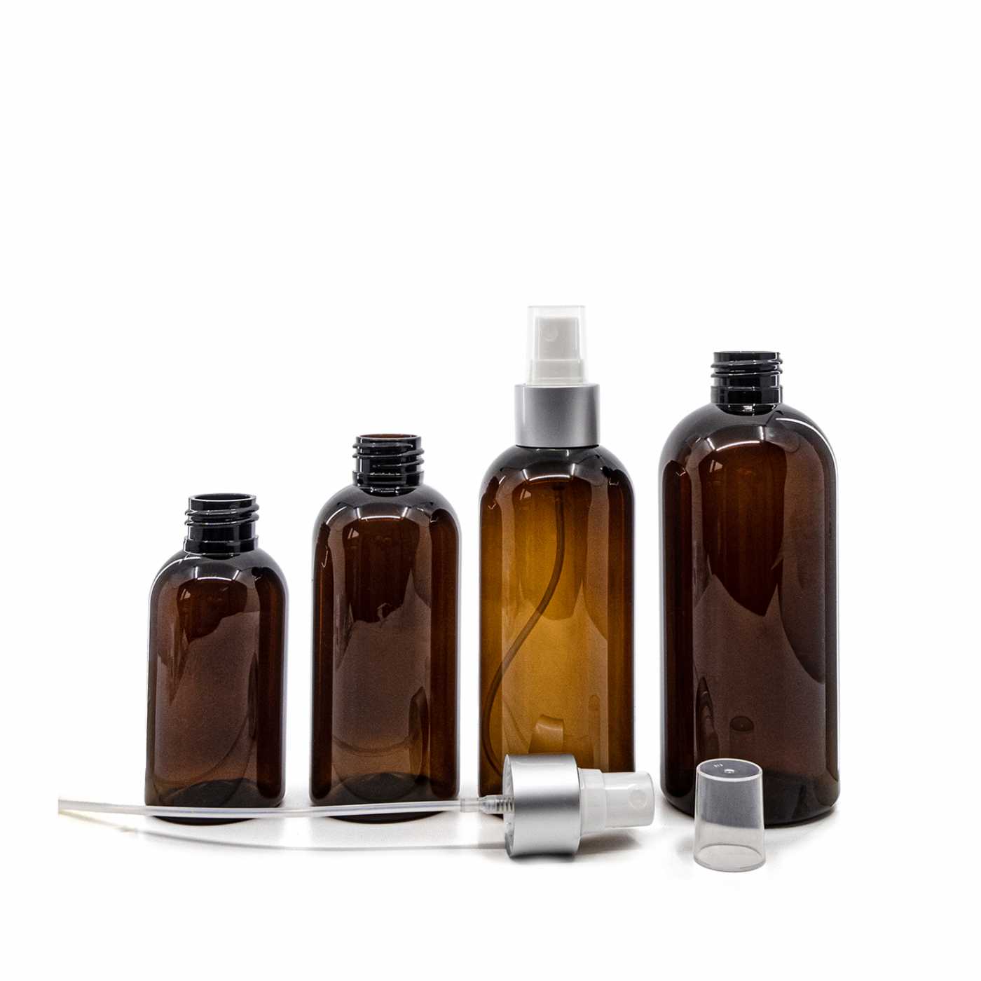 Plastová fľaša hnedá, biely rozprašovač, strieborná matná obruč, 150 ml