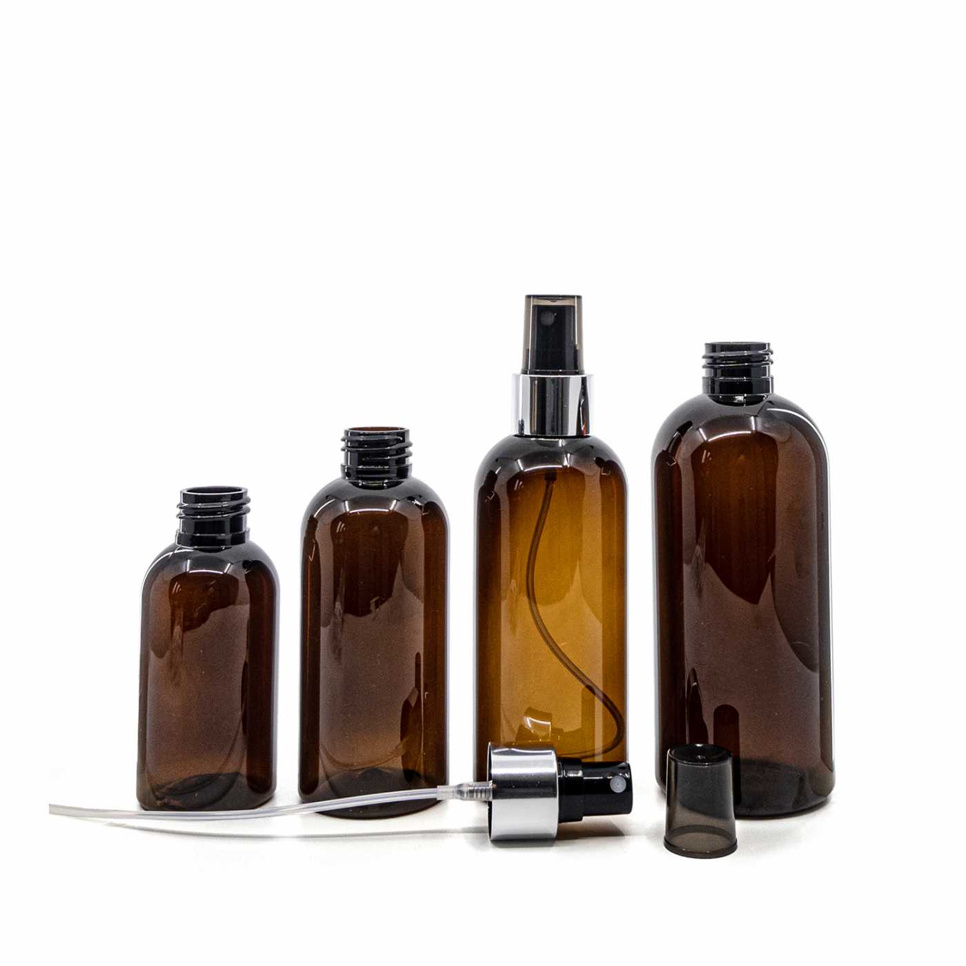 Plastová fľaša hnedá, rozprašovač čierny, strieborná lesklá obruč, 150 ml