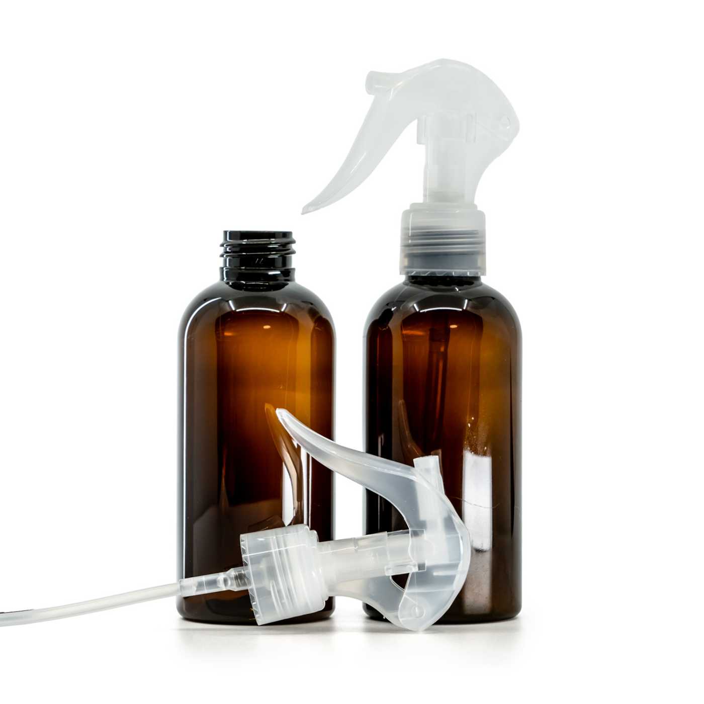 Bottiglia di plastica ambra, spruzzatore a grilletto trasparente, 150 ml