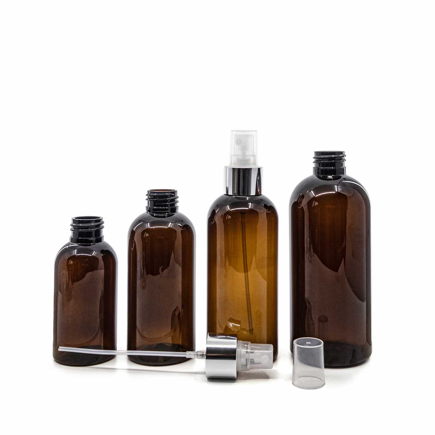 Plastová fľaša hnedá, priehľadný rozprašovač, strieborná lesklá obruč, 150 ml