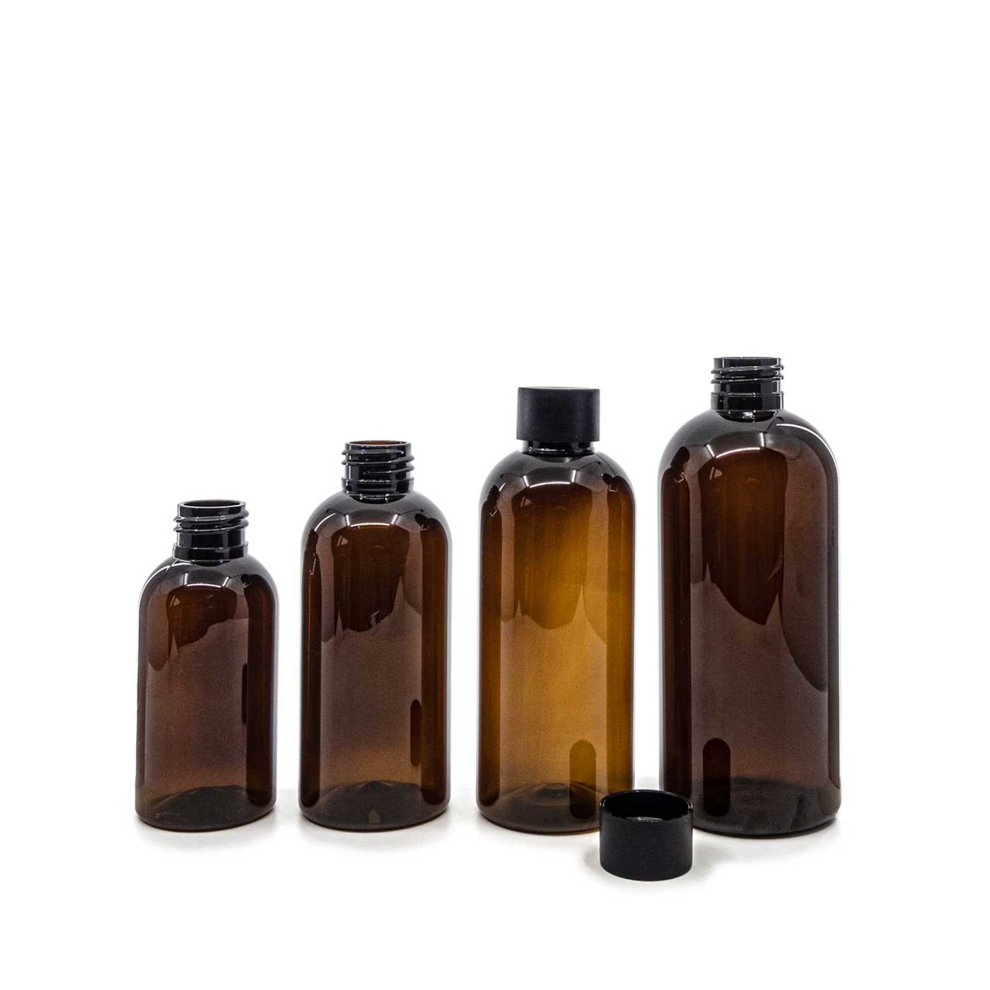 Plastová fľaša, hnedá, 24/410, matný čierny vrchnák, 150 ml