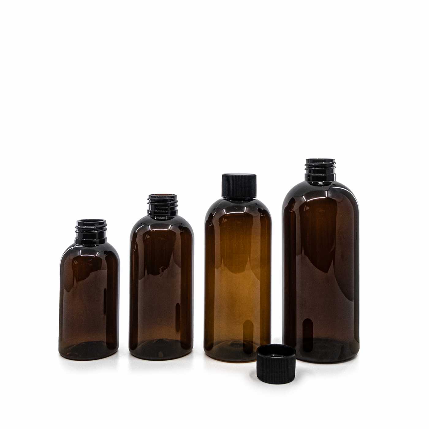 Plastová fľaša, hnedá, čierny vrúbkovaný vrch, 150 ml