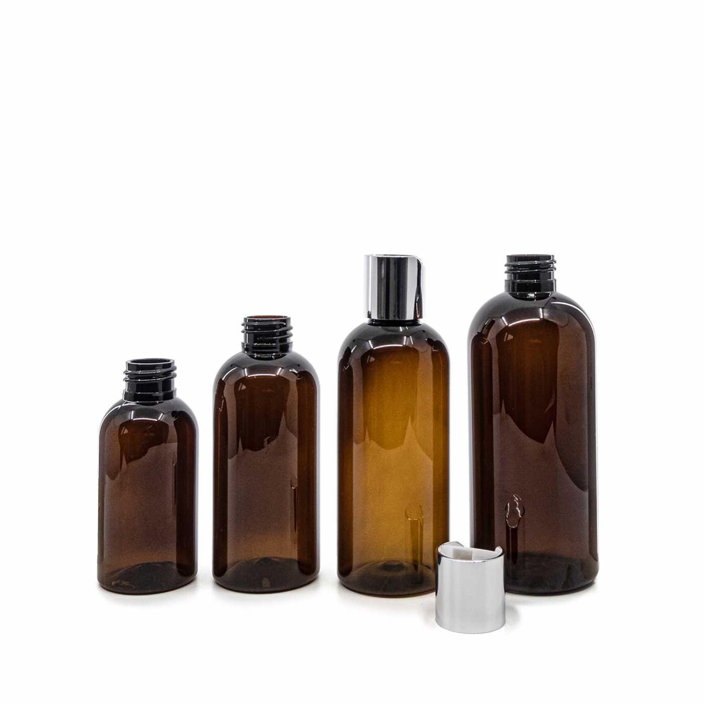 Plastová fľaša, hnedá, strieborný disc top, 150 ml