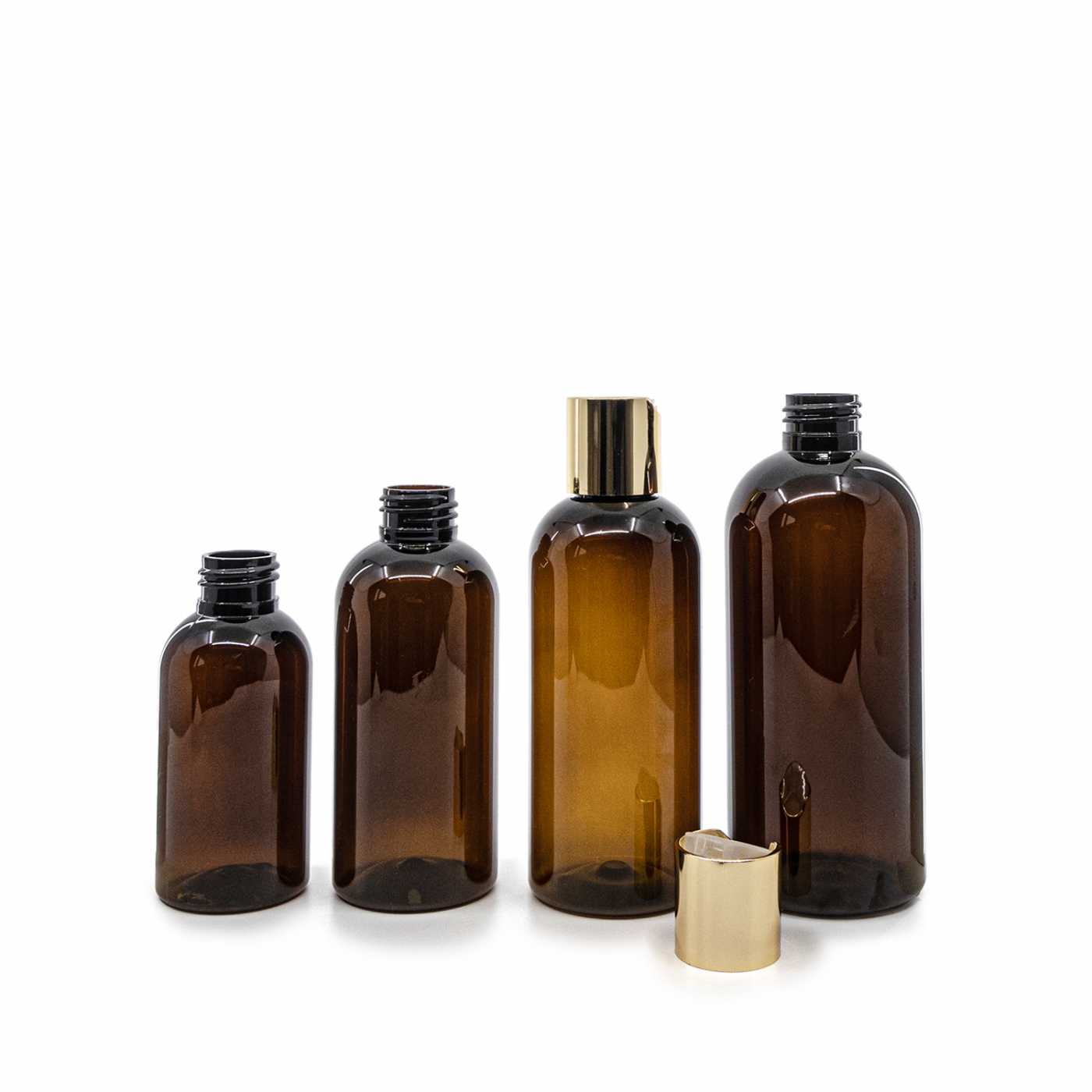 Plastová fľaša, hnedá, zlatý disc top, 150 ml