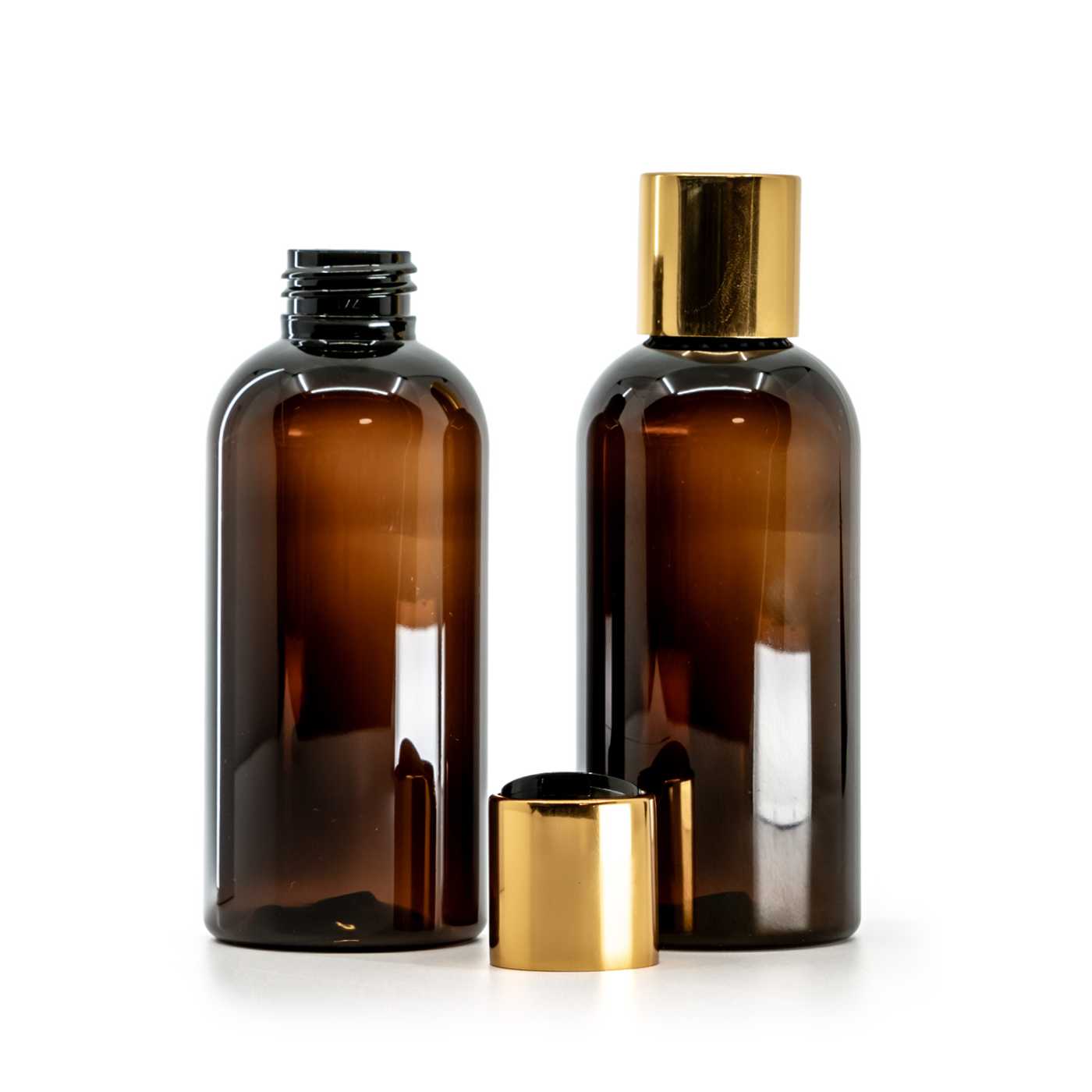 Plastová fľaša, hnedá, disc top vrchnák, zlatý, čierny stred, 150 ml