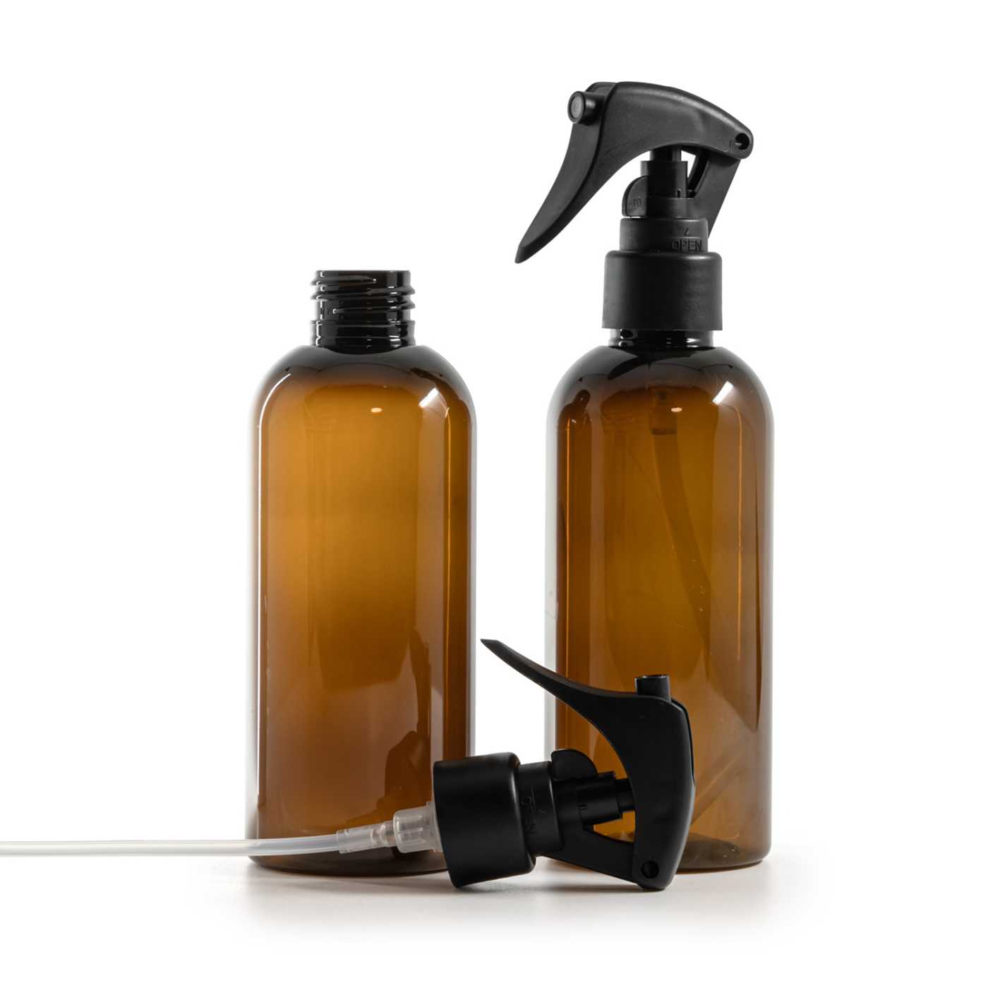 Amber Plastic Bottle, Mini Trigger Spray, Matte Black, Smooth Collar, 200 ml