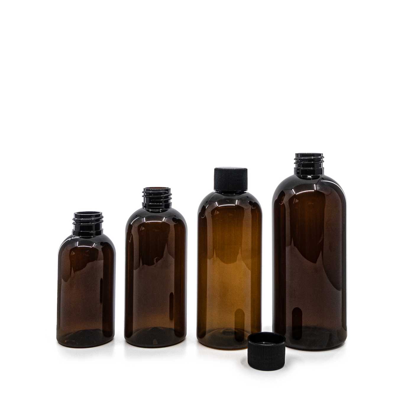 Plastová fľaša, hnedá, čierny vrúbkovaný vrch, 200 ml