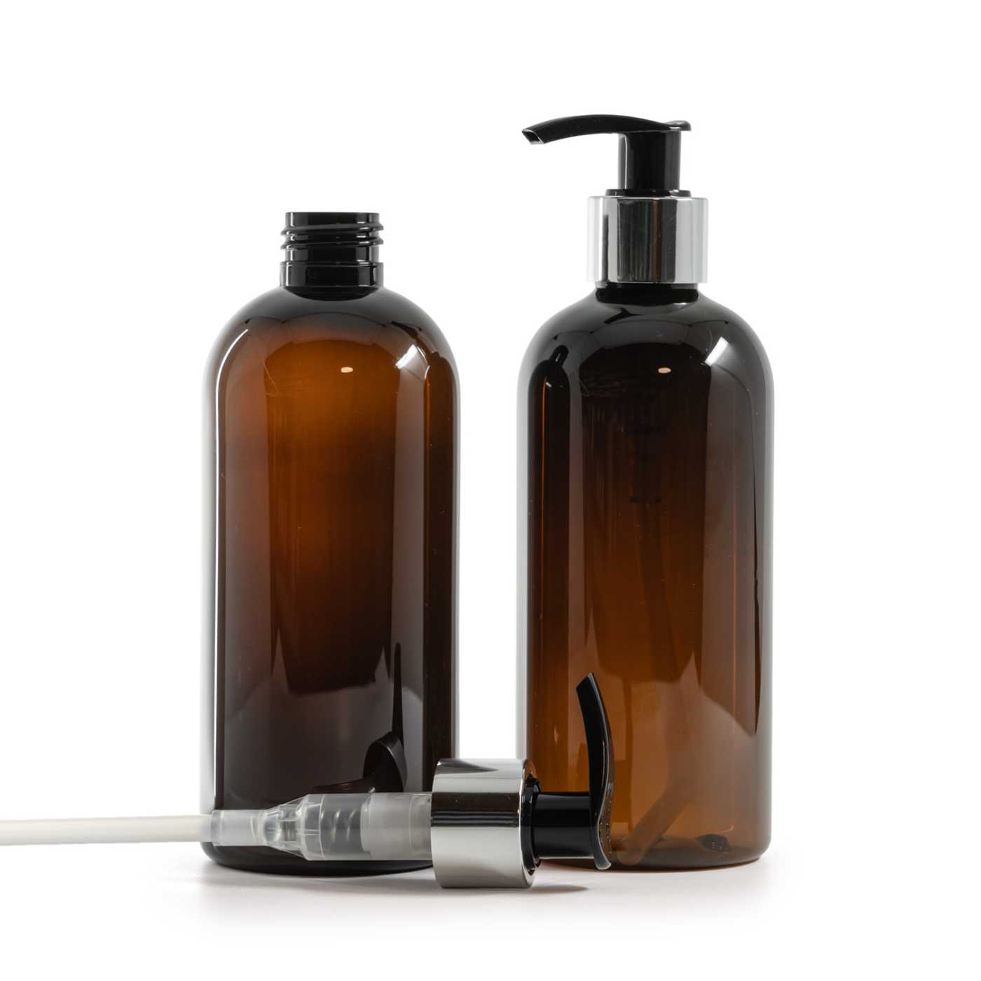 Plastová fľaša, hnedá, čierno-strieborný dávkovač, 300 ml