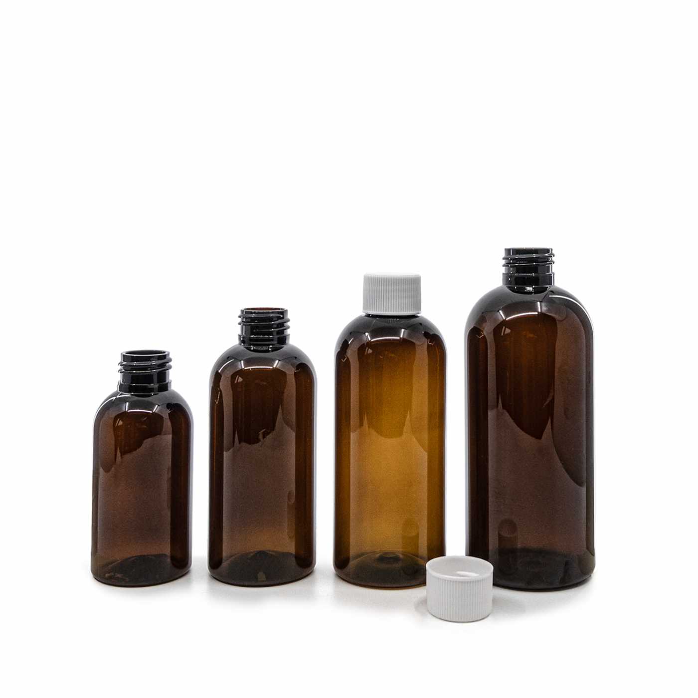 Bouteille en plastique brune, bouchon blanc, 300 ml