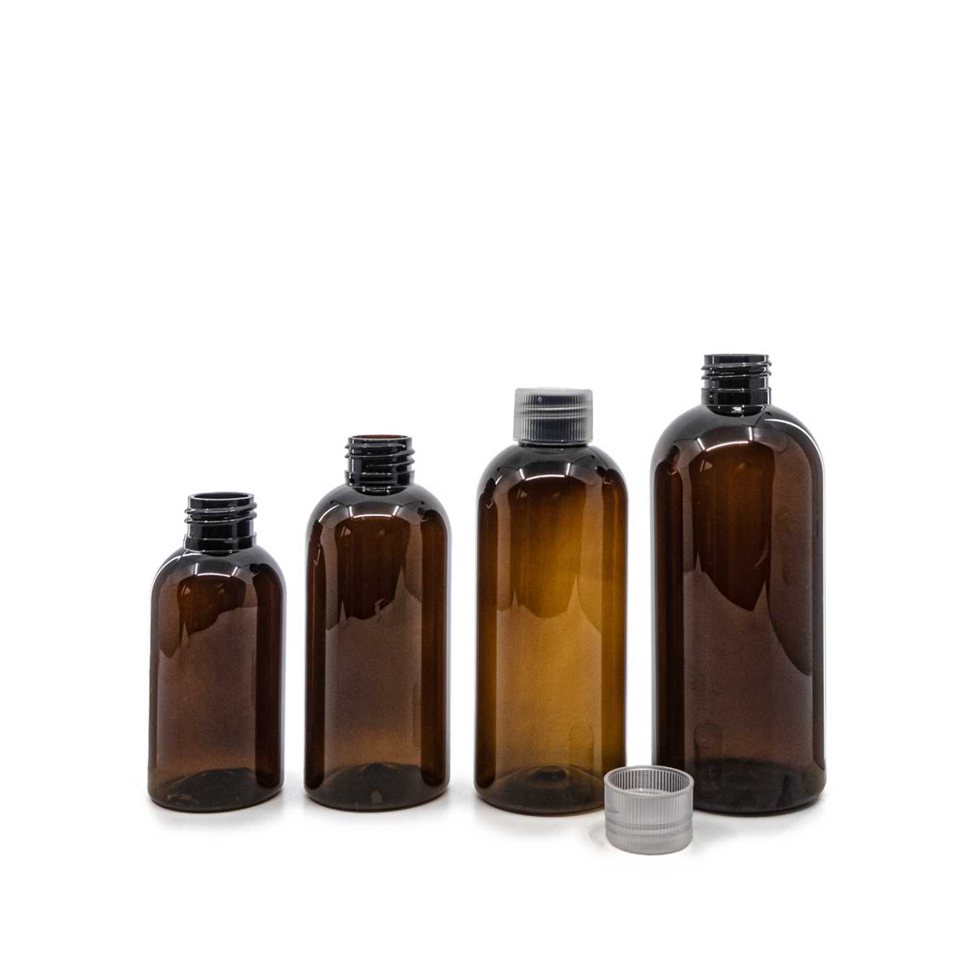 Flacon en plastique brun, bouchon transparent, 300 ml