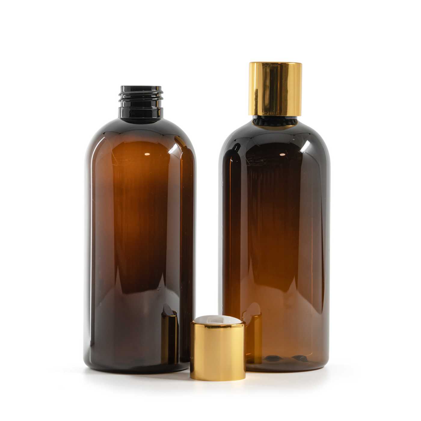 Bouteille en plastique brune, bouchon disc-top doré avec insert blanc, 300 ml