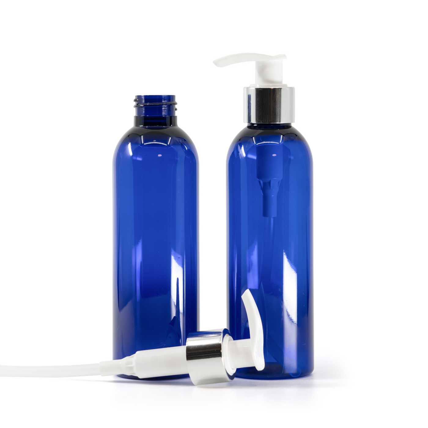 Flacon en plastique bleu, distributeur blanc, collerette lisse argentée, 200 ml