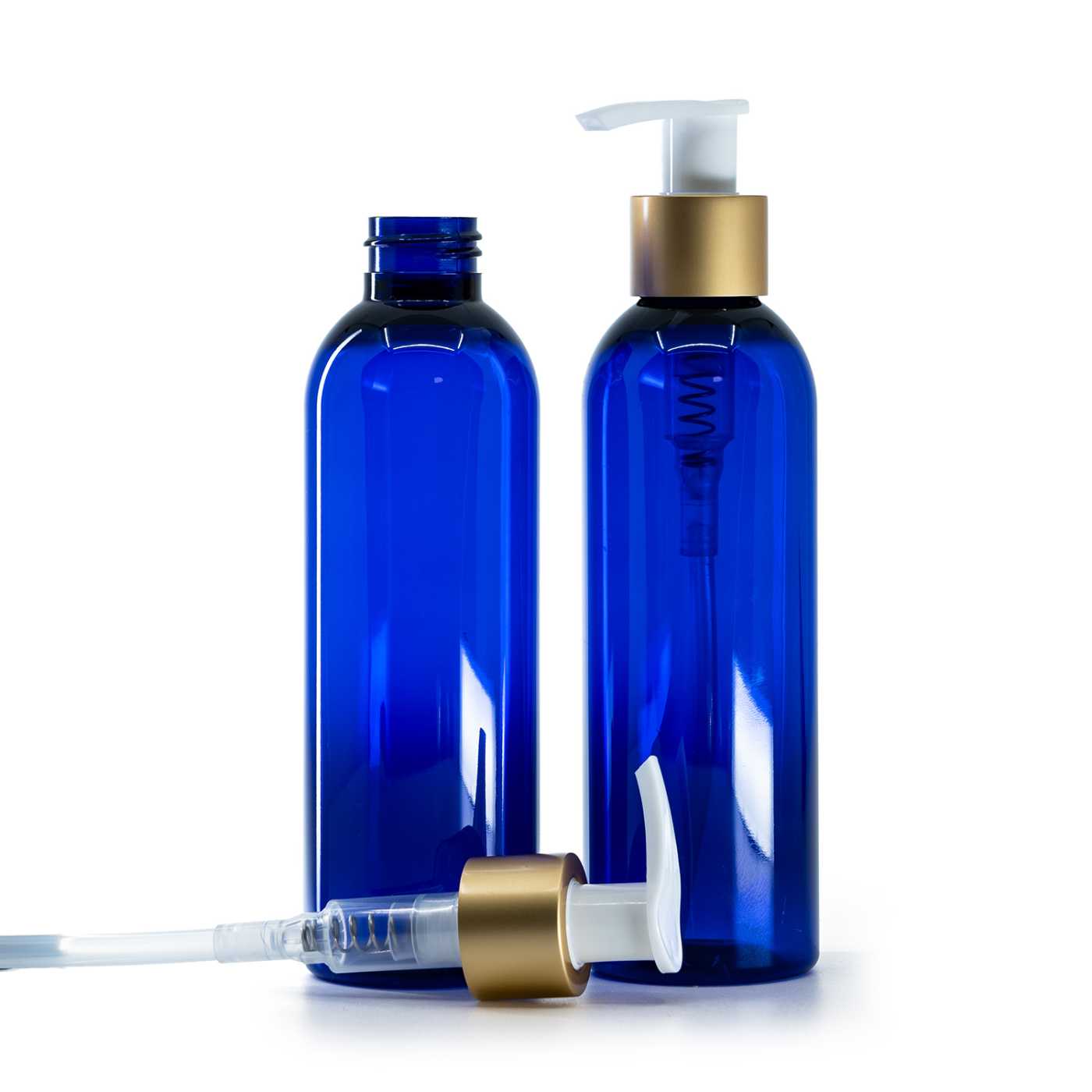Plastová fľaša, modrá, bielo-zlatý matný dávkovač, 200 ml