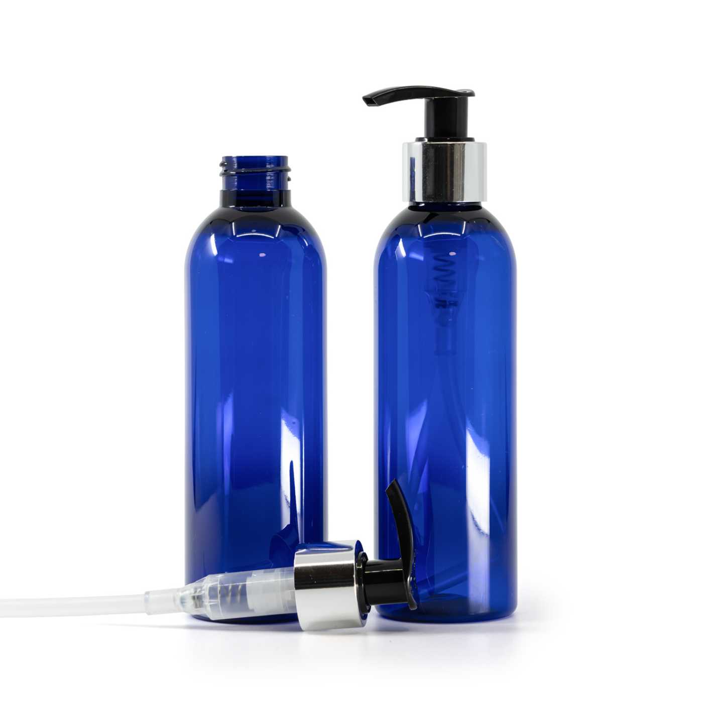 Plastová fľaša, modrá, čierno-strieborný dávkovač, 200 ml