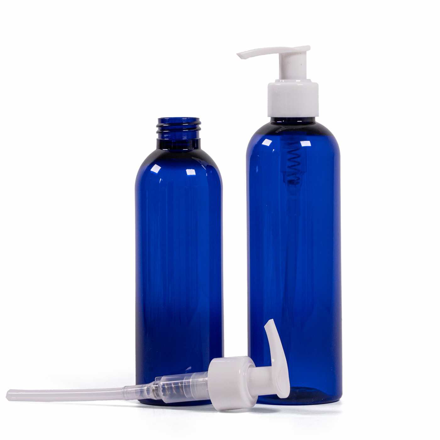 Bouteille en plastique bleue, pompe blanche, 200 ml