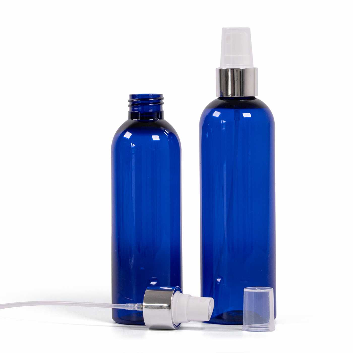 Plastová fľaša modrá, biely rozprašovač, strieborná lesklá obruč, 200 ml
