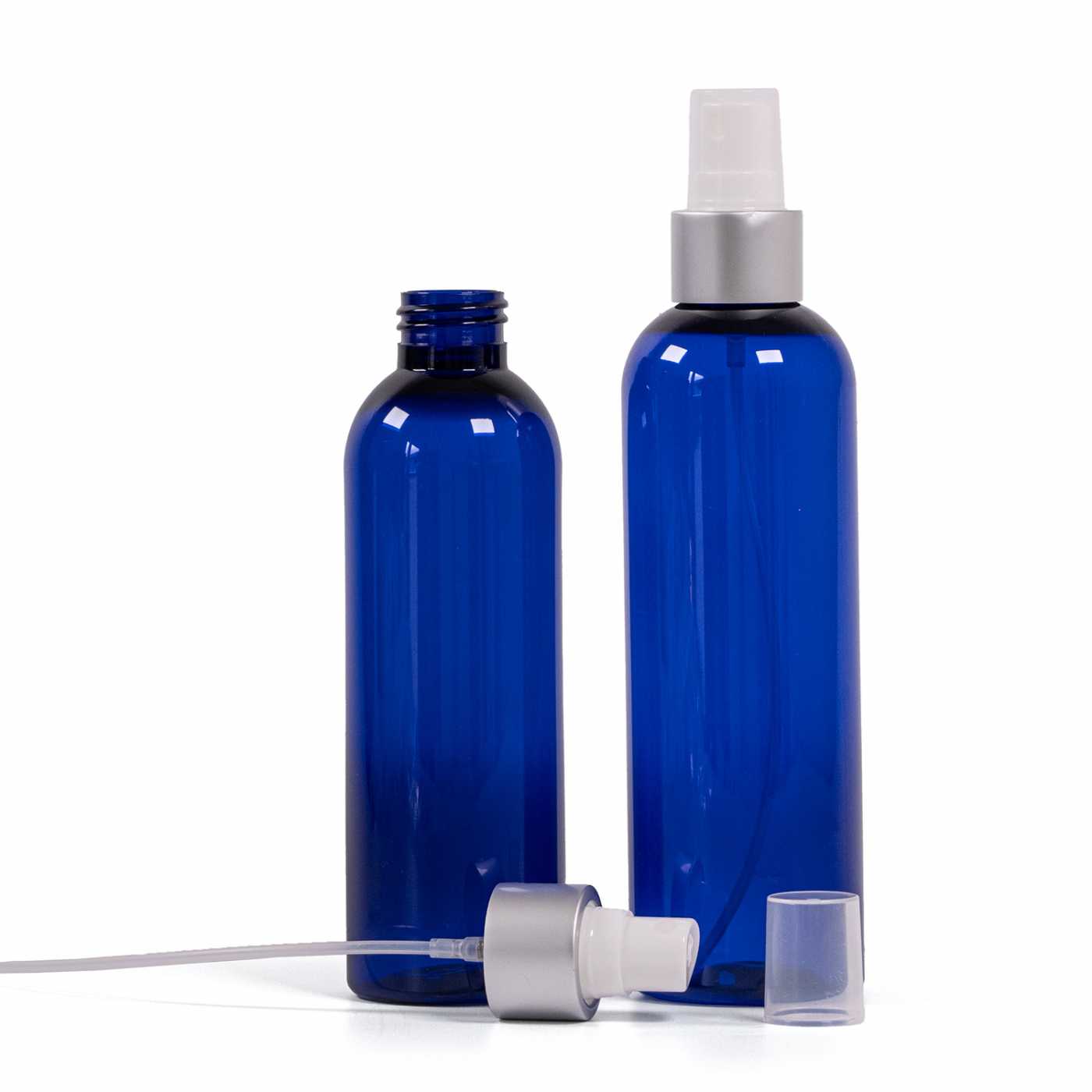 Butelka plastikowa niebieska, biały atomizer, srebrna matowa obręcz, 200 ml
