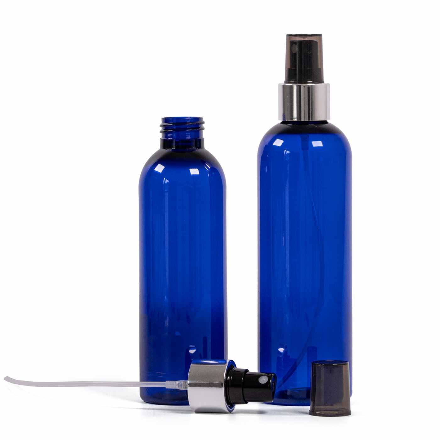 Butelka plastikowa niebieska, atomizer czarny, srebrny błyszczący pierścień, 200 ml